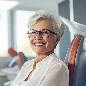 The image shows an older woman with a smile, wearing glasses and seated in a dental chair. She is surrounded by modern dental office equipment.